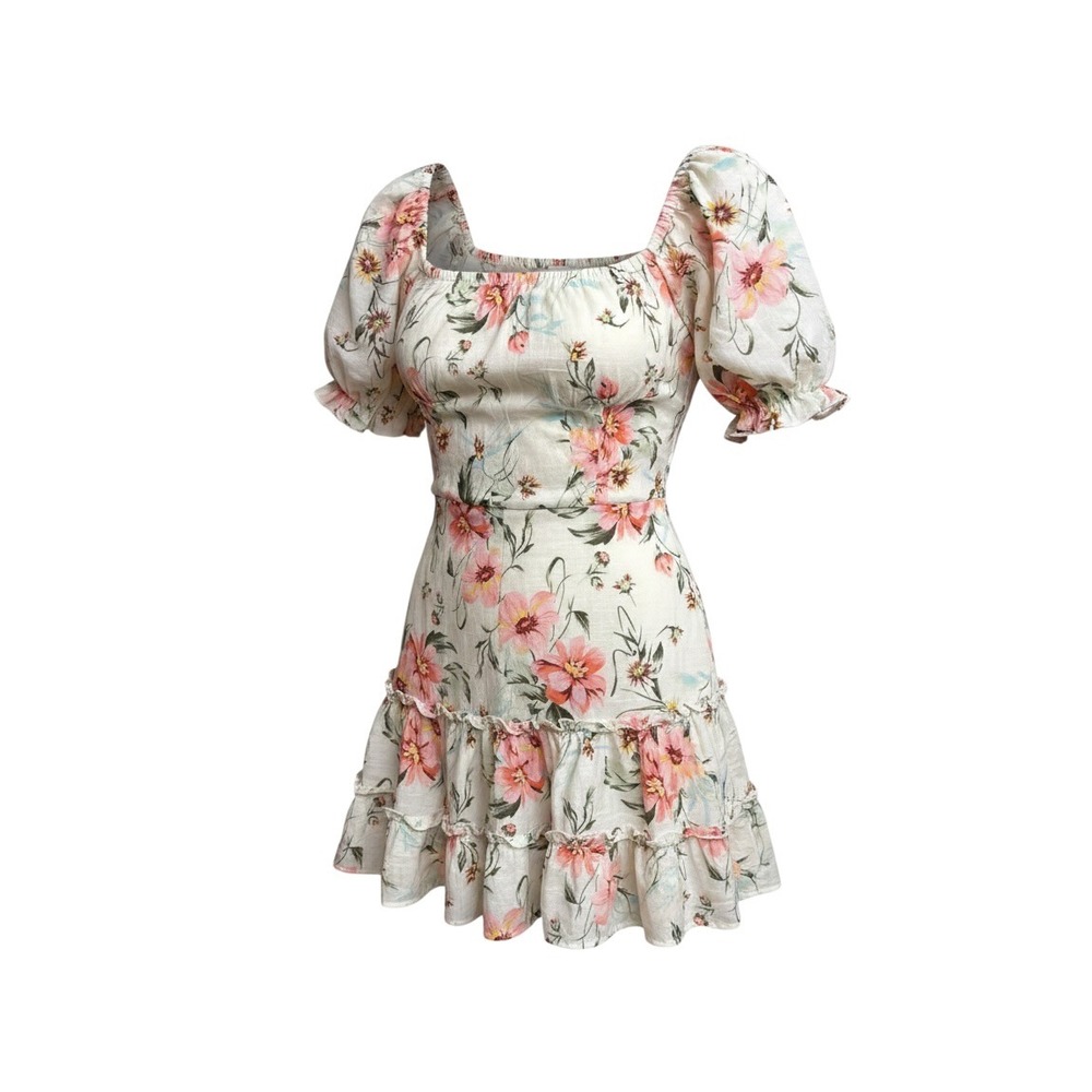 Blush Floral Puff Sleeve Mini Dress Cream Pink Smocked Tiered Ruffle Size M